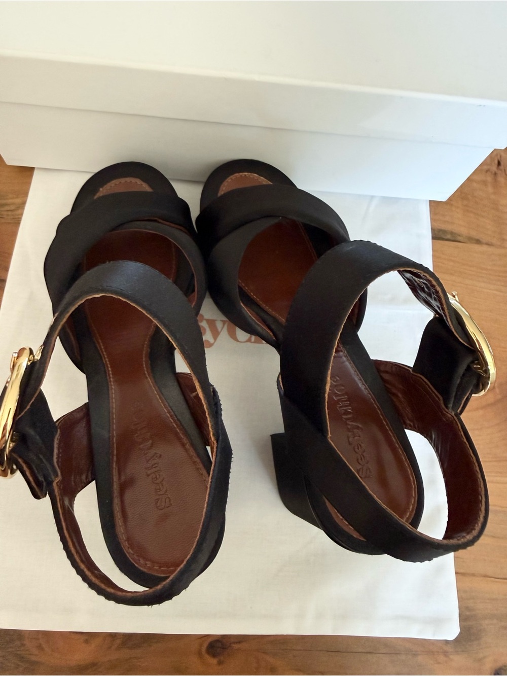 $405.81 See By Chloé Black Satin 110mm platform sandals size 38 - Picture 9 of 10